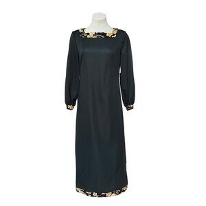 1960s Hostess Dress Black Prairie Style Maxi w Floral Velvet Trim Bishop Sleeve